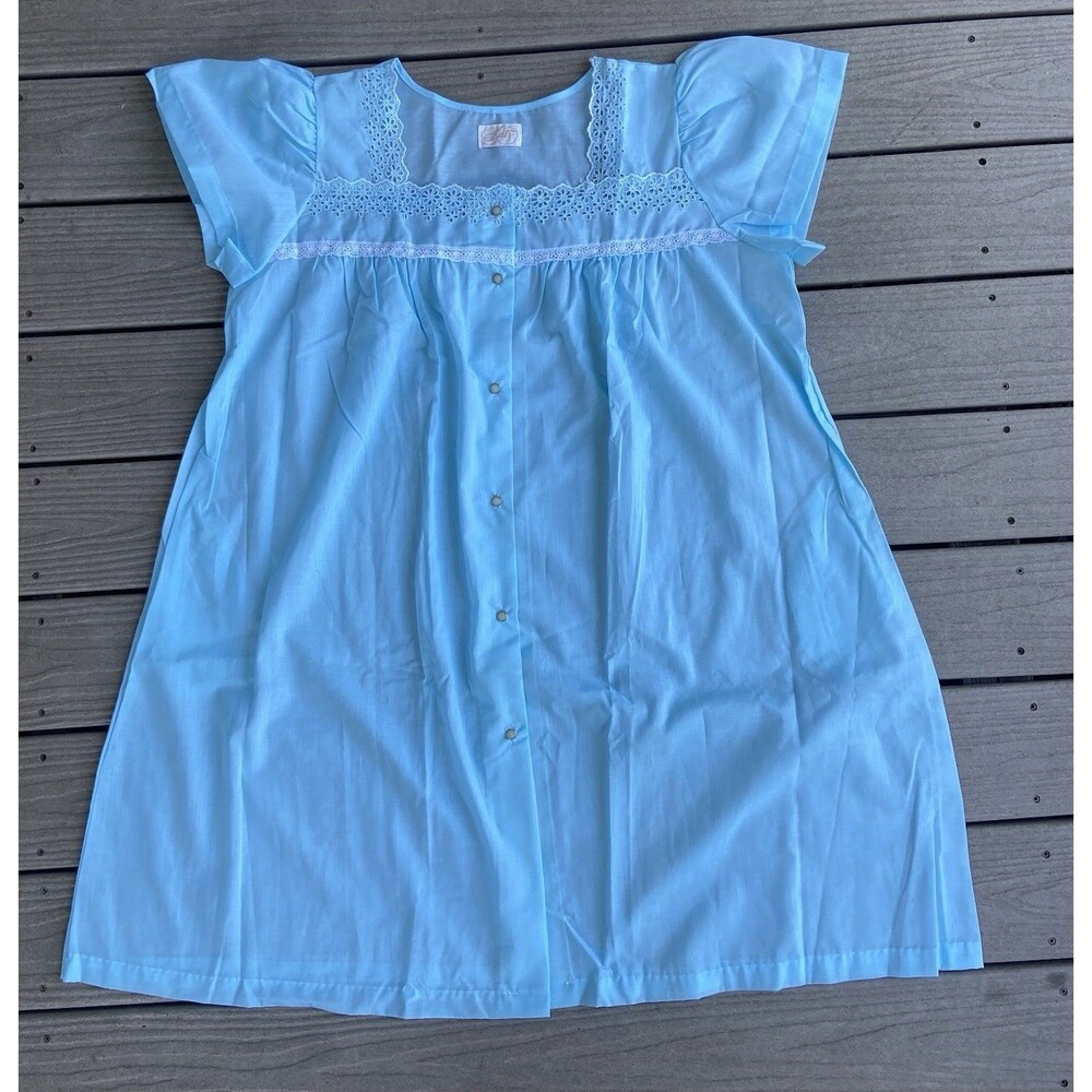 Vintage Katz Floral Embroidered Eyelet Lace Nightgown Blue Cottagecore Size XL